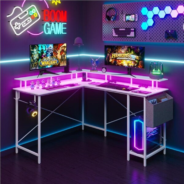 Advwin L Shaped Gaming Desk RGB LED & Power Outlets Corner Desk Study Workstaion with Monitor Stand Hooks White