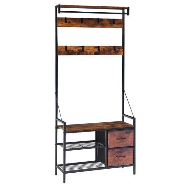 HOMFURN Entryway Bench with Coat Rack freestanding, 5 In 1 Intelligent Design Hall Tree and Wall Rack 8 Hooks and Drawers, Rustic Brown