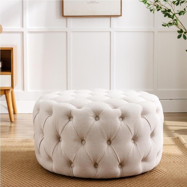 HOMFURN Fabric Upholstered Button-Tufted Round Ottoman, Beige