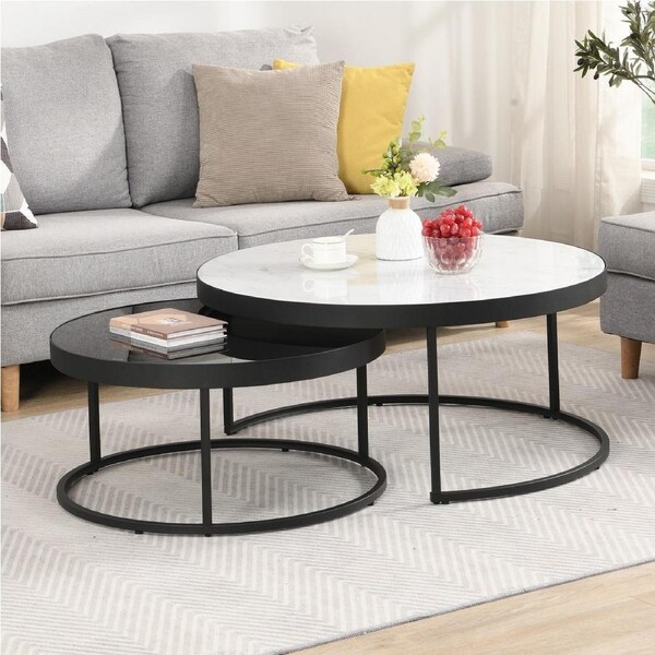 HOMFURN Modern Nesting Coffee Tables Set of 2, Round Coffee Table Real Marble Tabletop Powder Coated Metal Frame, Mid Century Accent Coffee Tables for Living Room Bedroom Office Balcony, White/Black