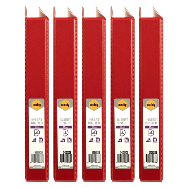 5x Marbig Clearview 3 D-Ring Insert Binder A4 File 25mm Document Organiser Red
