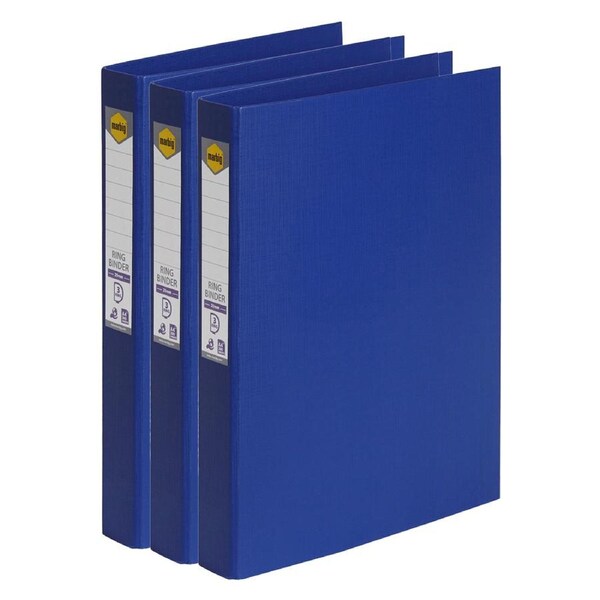 3x Marbig PE/Linen 3 D-Ring 25mm A4 Binder File Document Organiser Holder Blue