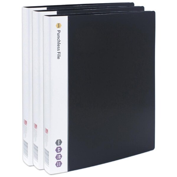 3x Marbig Punchless File A4 Document Paper/Stationery Organiser Holder Black