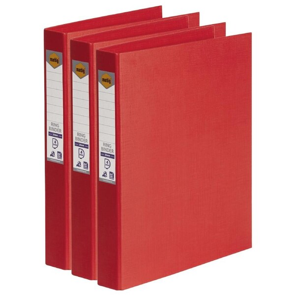 3x Marbig PE/Linen 4 D-Ring 25mm A4 Binder File Document Organiser Holder Red