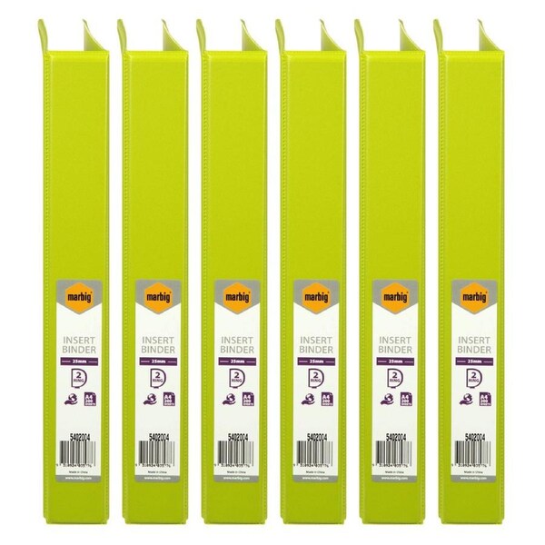 6x Marbig PP Clearview 2 D-Ring 25mm A4 Insert Binder File Paper Organiser Lime