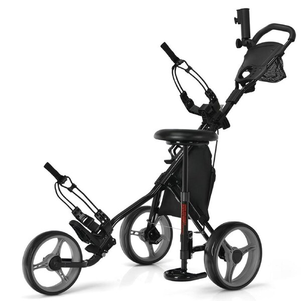 Costway Foldable Golf Buggy Trolley 3 Wheels Golf Club Push Cart w/Seat/Storage Bag/Umbrella Holder Red