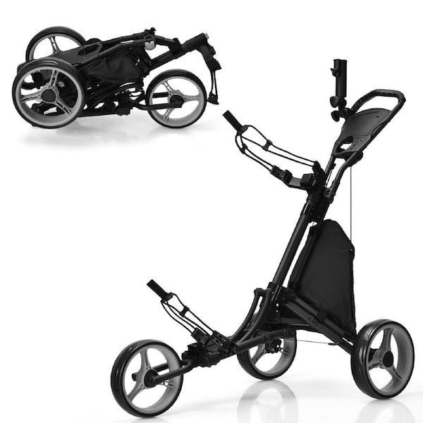 Costway Foldable Golf Buggy Trolley 3 Wheels Golf Club Push Cart Adjustable w/Storage Bag & Umbrella Holder Grey