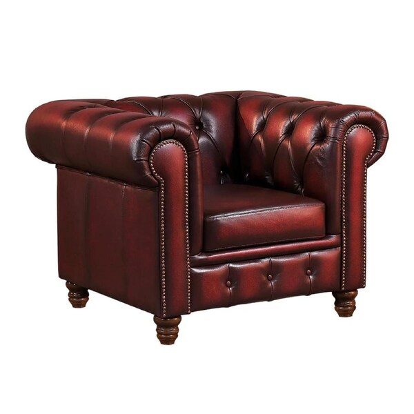 Max Chesterfield Armchair Single Seater Sofa Genuine Leather Antique Red