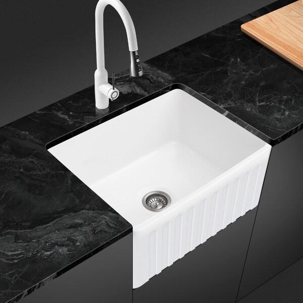 ACA 610x457mm Gloss White Farmhouse Reversible Front Kitchen Butler Sink Big Bowl