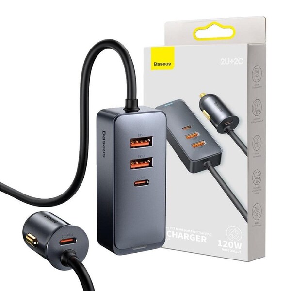 Baseus Share Together PPS Multi-port Fast Charging Car Charger with Extension Cord 120W 2U+2C-Gray