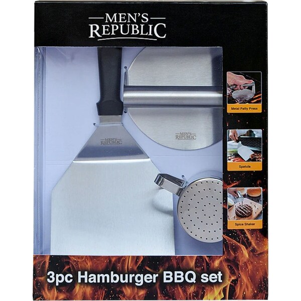 3pc Men's Republic Premium Hamburger BBQ Stainless Steel Tools Grilling Set