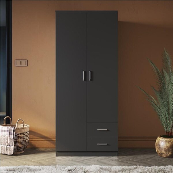 ELEGANT Wardrobe 2 Doors 2 Drawers 180cm Black Storage Cabinets
