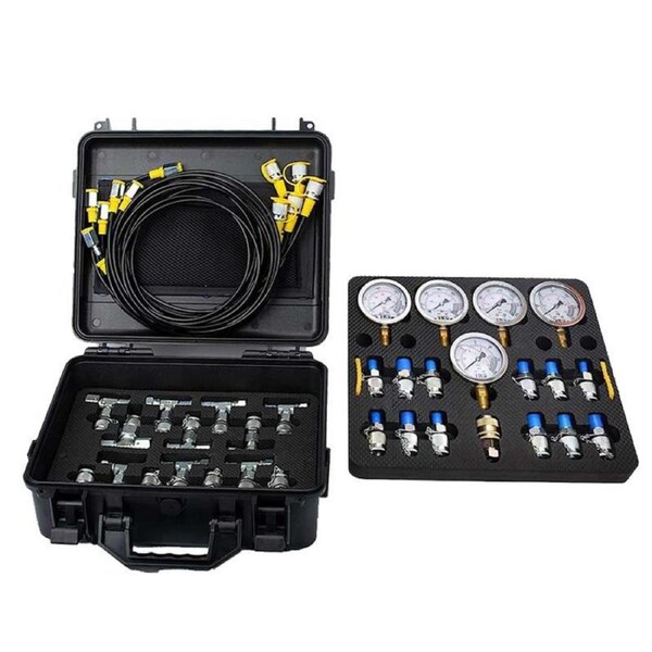 OZNALA Hydraulic Pressure Test Kit for Excavators & Heavy Machinery, 5 Gauges 13 Couplings 14 Tee Connectors 0-600bar Portable Case Vibration Dampening Design