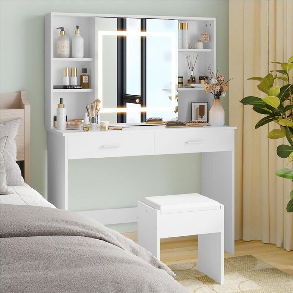 Advwin Dressing Table Stool Set LED Slide Makeup Smart Mirror White