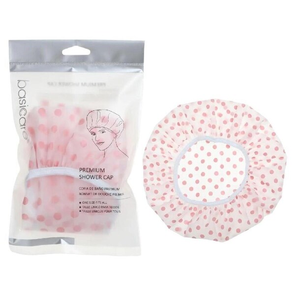 Basicare Premium Shower Cap Peva Pink Spots Durable Reusable Hair Protector