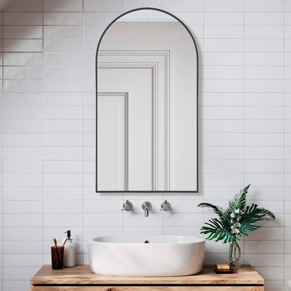 50x90CM Black Stainless Steel Frame Wall Vanity Arched Makeup Mirror Bedroom Bathroom