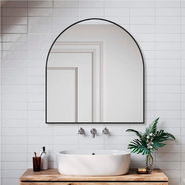 80x76CM Black Stainless Steel Frame Wall Vanity Arched Makeup Mirror Bedroom Bathroom