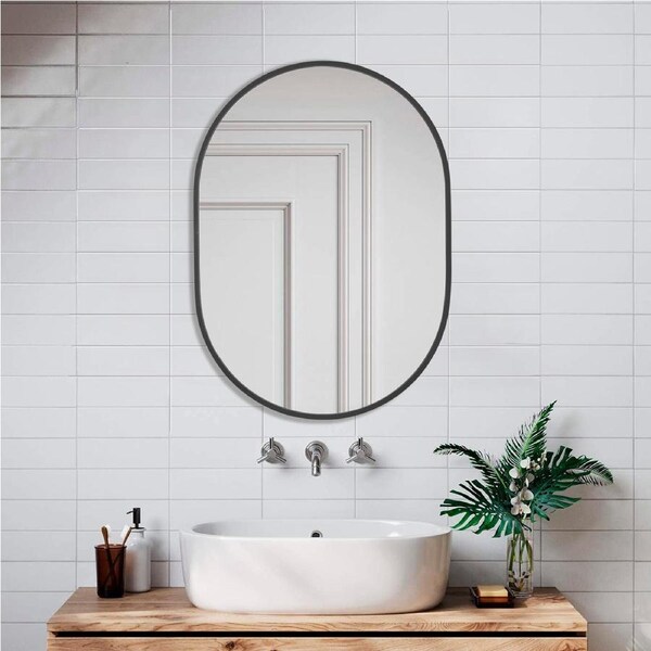 70x50CM Oval Bathroom Vanity Makeup Wall Mirror Black Stainless Steel Frame Home Decor