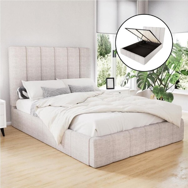 Artiss Bed Frame Double Size Gas Lift Storage Beds Base Beige TETTE