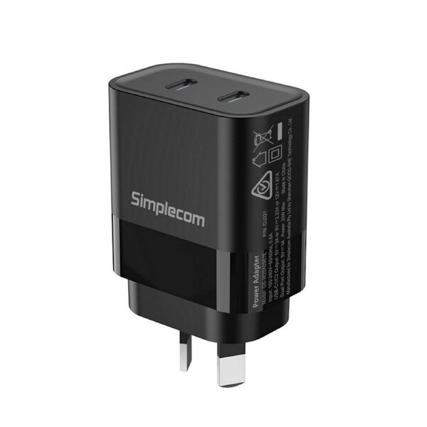 Simplecom Dual USB-C Fast Wall Charger PD 20W for Phone Tablet Compact Design [CU221]