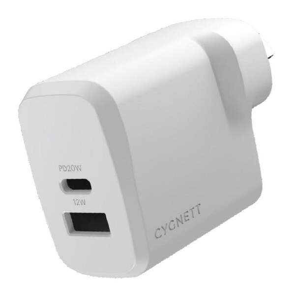 Cygnett PowerPlus 32W Dual Port 20W USB-C + 12W USB-A PD Fast Wall Charger White [CY4772PDWCH]