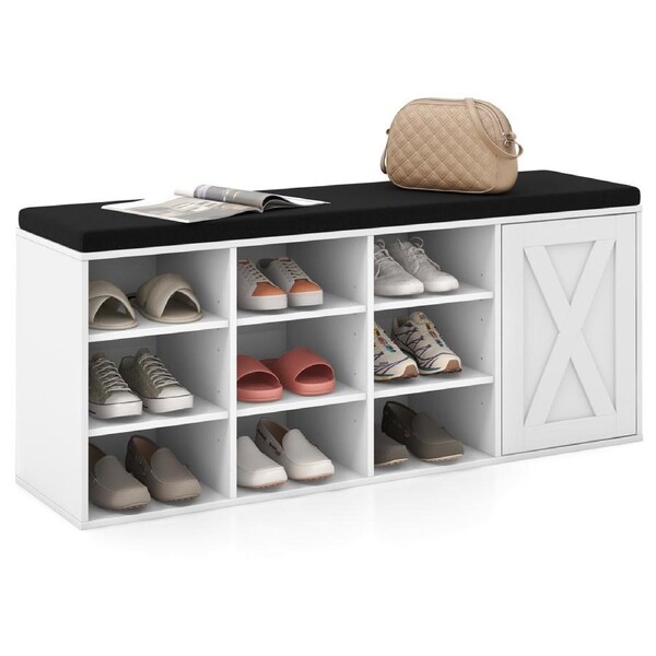 Giantex 3-Tier Shoe Storage Bench 9-Cube Entryway Shoe Cabinet w/Adjustable Shelves & Barn Door Shoe Rack White