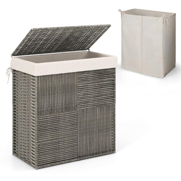 Giantex 110L Rattan Laundry Hamper 2-Section Laundry Basket w/Handle & Lid & Removable Liner Bag, Grey