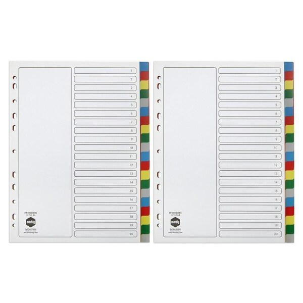 2x Marbig PP 20 Tab Coloured A4 Binder Divider/Indices Document Filing Organiser