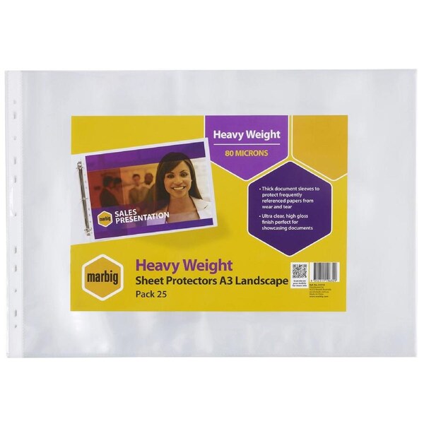 25pc Marbig Heavy Weight A3 Ring Binder Refill Sleeve Protector Landscape CLR