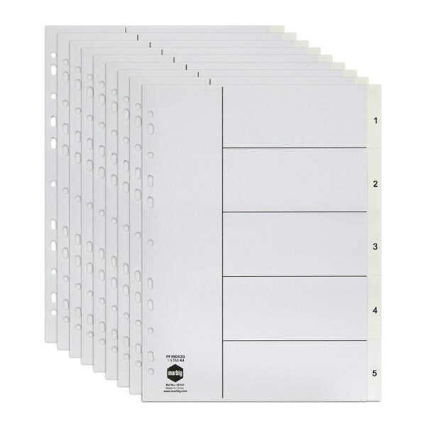10x Marbig PP 1-5 Tab A4 Lever Arch/Binder Divider/Indices Filing Document White