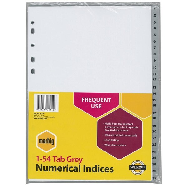 Marbig PP 1-54 Tab A4 Lever Arch/Binder Divider/Indices Filing Document Grey