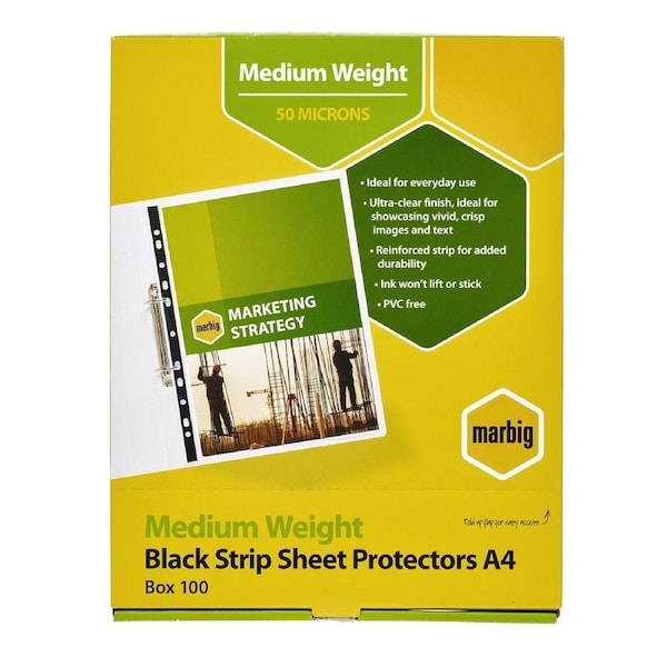 100pc Marbig Medium Weight A4 Ring Binder Sheet Protectors/File Pocket Black