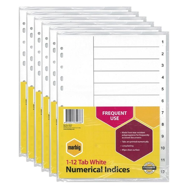 6x Marbig PP 1-12 Tab A4 Binder Indices/Dividers Numerical File Organiser White