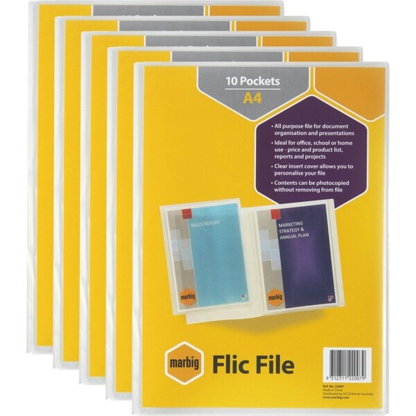 5x Marbig Flic File 10-Pocket A4 Display Book w/ Insert Cover Paper Holder Clear