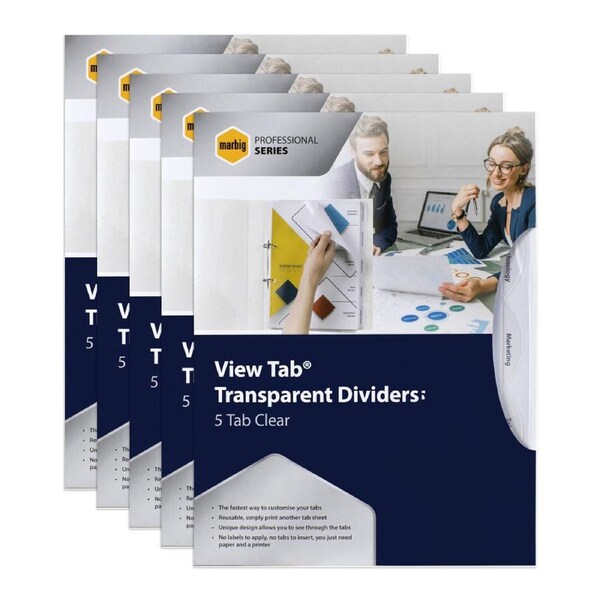 5x Marbig Pro 5 View Tab A4 Lever Arch/Binder Dividers Document Filing Clear
