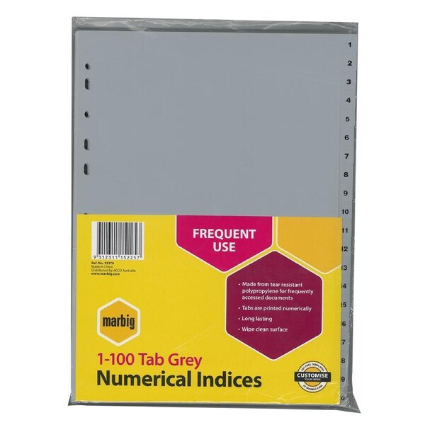 Marbig PP 1-100 Tab A4 Lever Arch/Binder Divider/Indices Filing Document Grey