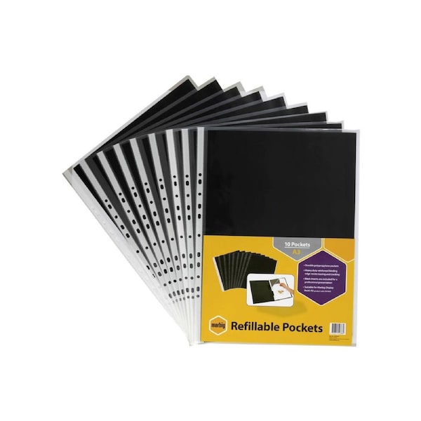 10pc Marbig A3 Display Book Pocket Refill Set w/ Black Inserts Sheet/Sleeve