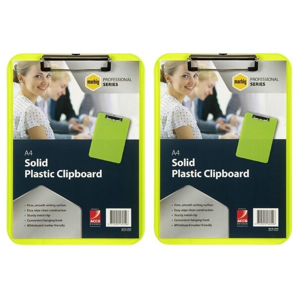 2x Marbig Pro Plastic A4 Clipboard w/ Metal Clip Writing Hardboard Neon Green
