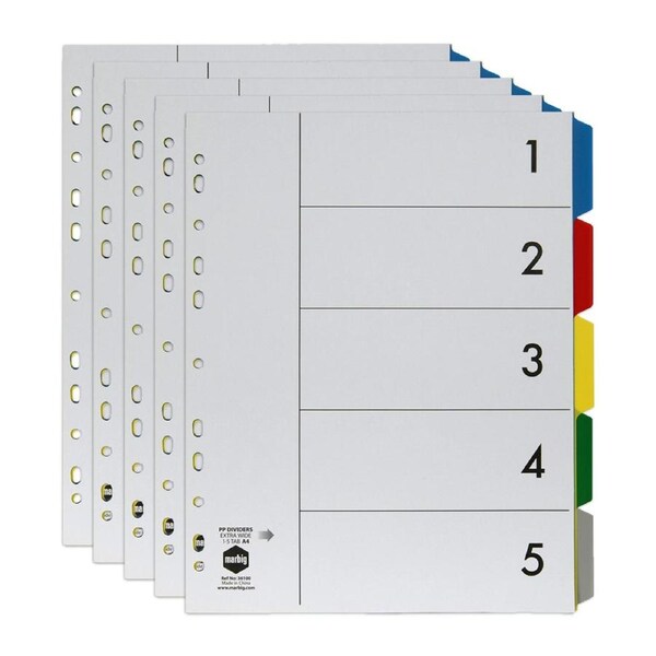 5x Marbig PP 5 Tab Coloured A4 Lever Arch/Binder Extra Wide Dividers/Indices
