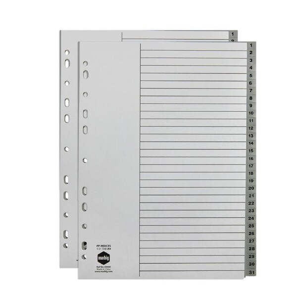 2x Marbig PP 1-31 Tab A4 Binder Indices/Dividers Numerical File Organiser Grey