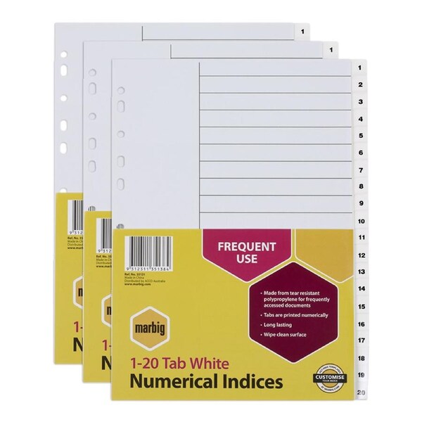 3x Marbig PP 1-20 Tab A4 Lever Arch/Binder Divider/Indices Filing Document White