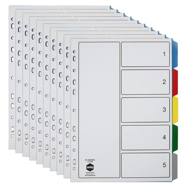 10x Marbig PP 5 Tab Coloured A4 Binder Divider/Indices Document Filing Organiser