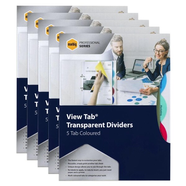 5x Marbig Pro 5 View Tab Coloured A4 Lever Arch/Binder Dividers Document Filing