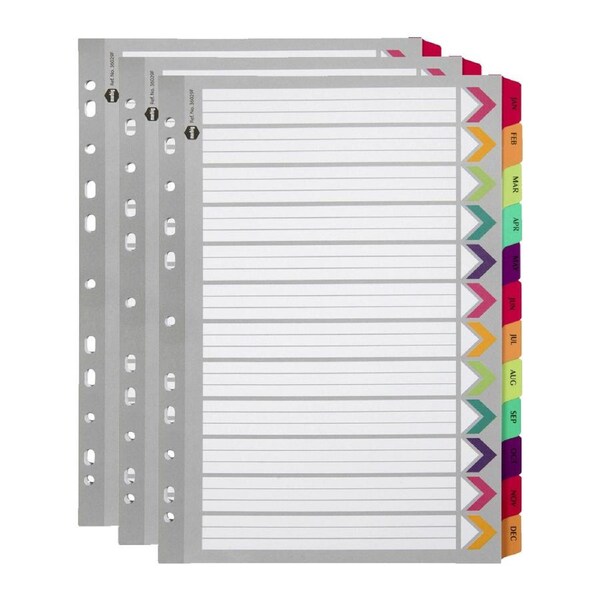 3x Marbig Jan-Dec Tab Fluoro A4 Ring Binder Plastic Divider Indices Organiser