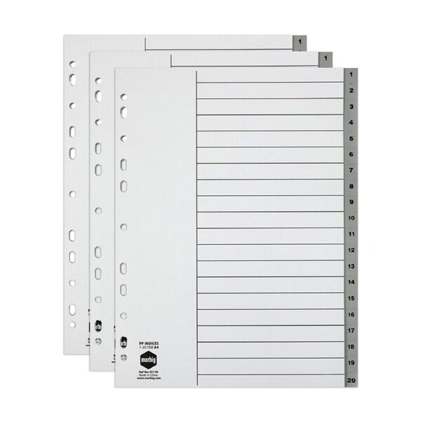 3x Marbig PP 1-20 Tab A4 Lever Arch/Binder Divider/Indices Filing Document Grey
