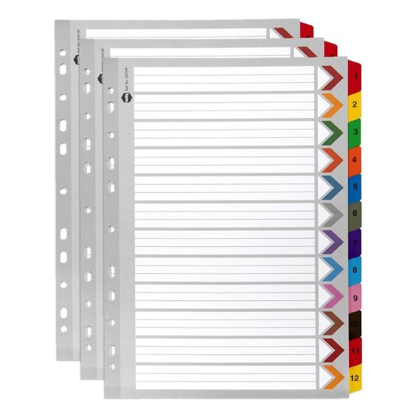 3x Marbig 1-12 Tab Coloured A4 Ring Binder Plastic Divider File/Page Organiser
