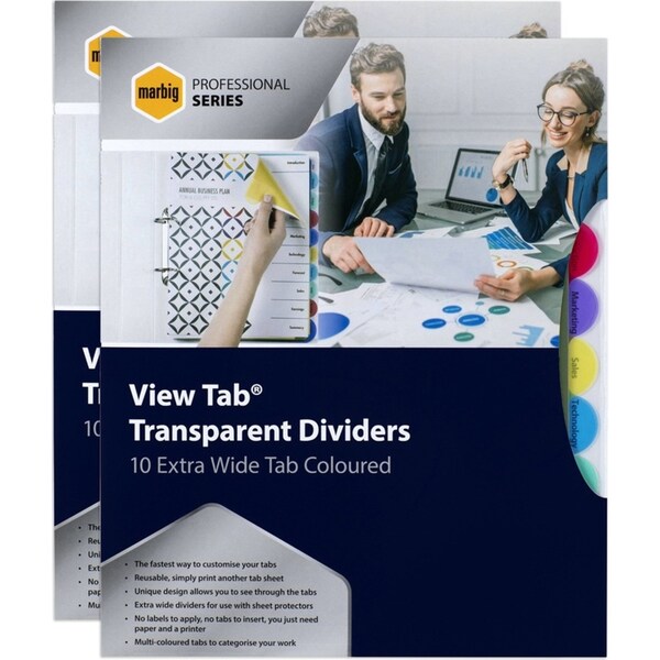 2x Marbig Pro Extra Wide 10 View Tab Coloured A4 Lever Arch/Binder File Dividers