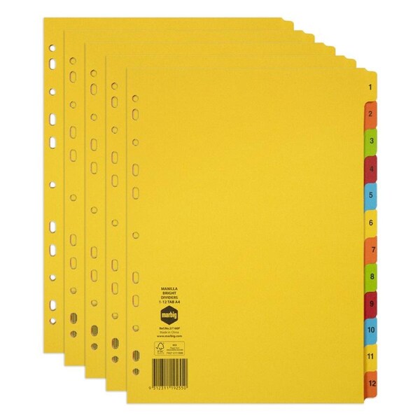 5x Marbig Brights 1-12 Tab Manilla A4 Ring Binder Divider Indices Page Organiser