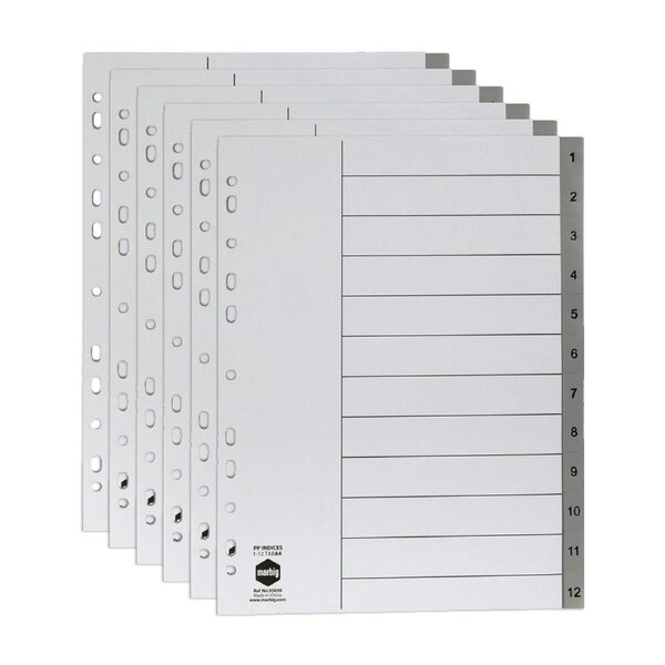 6x Marbig PP 1-12 Tab A4 Binder Indices/Dividers Numerical File Organiser Grey