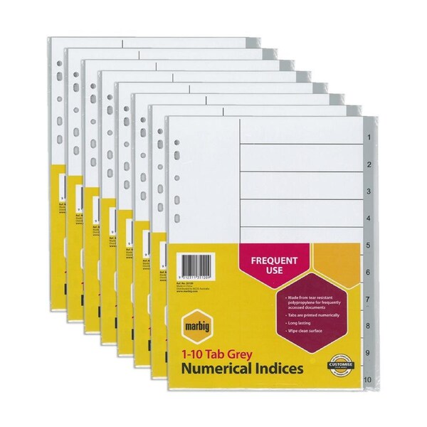 8x Marbig PP 1-10 Tab A4 Lever Arch/Binder Divider/Indices Filing Document Grey